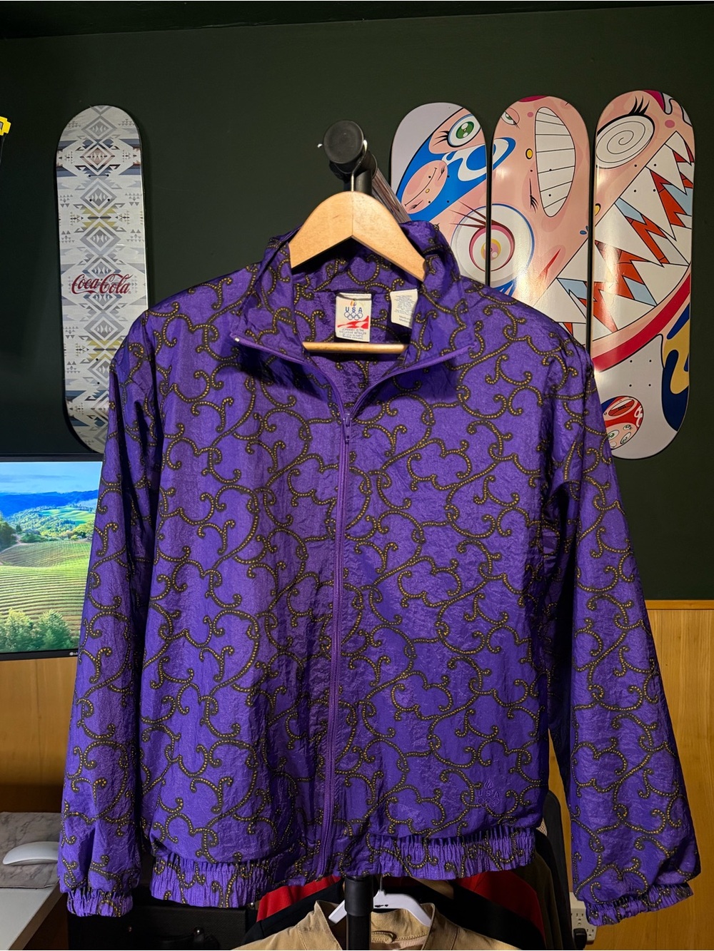 Vintage USA Olympics Track Jacket 90’s Purple baroque ornate scroll JCPenny’s